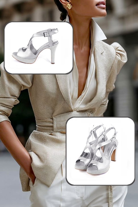 Women's silver and pearl grey elegant cross straps sandals. .  - Top view